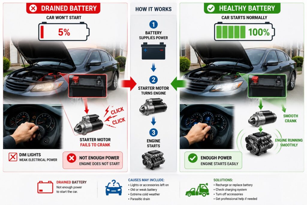 Will drained battery cause my car not to start