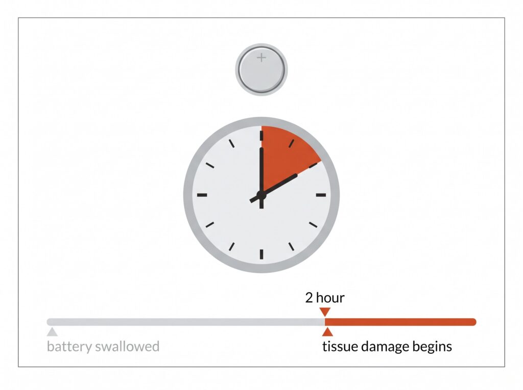 Infographic showing 2-hour window before button battery causes tissue damage if swallowed