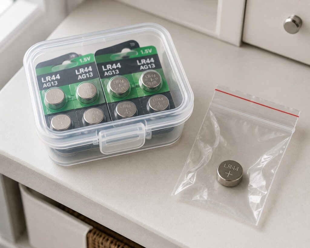LR44 batteries stored safely in a sealed container with a disposed battery in a zip-lock bag