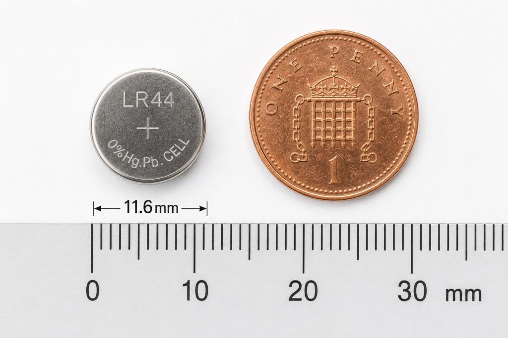 LR44 battery next to a penny showing 11.6mm diameter for scale comparison