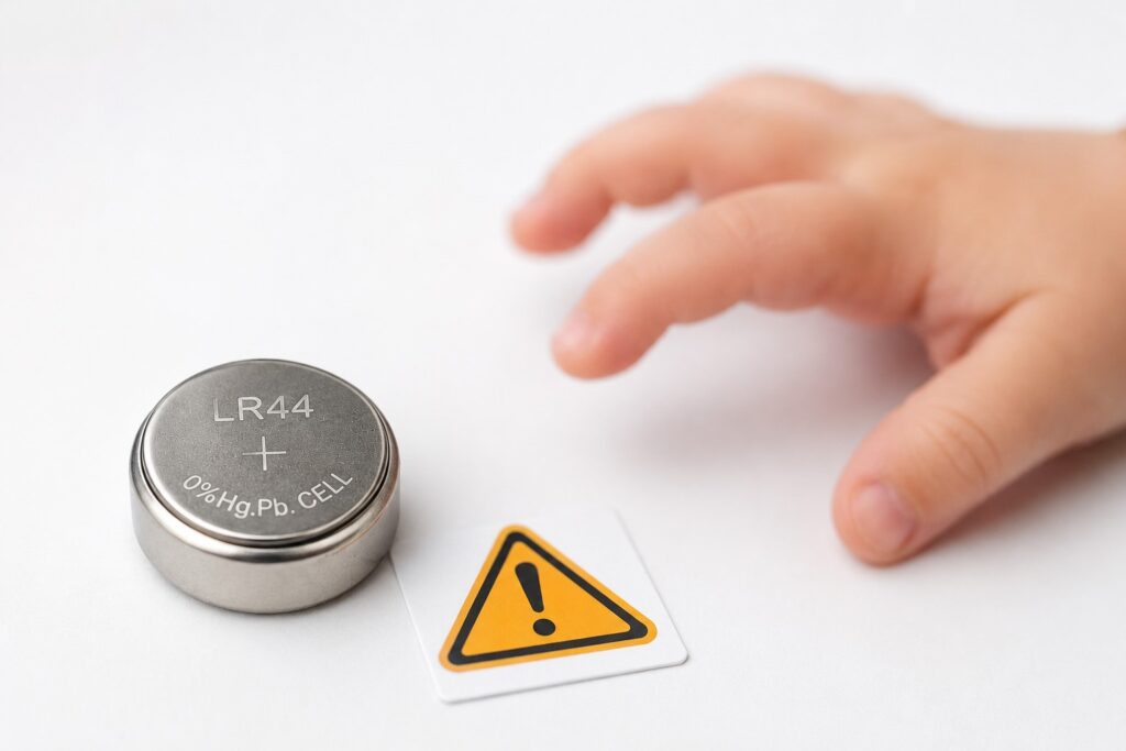 LR44 button cell battery on white surface with a child's hand in background, illustrating ingestion hazard